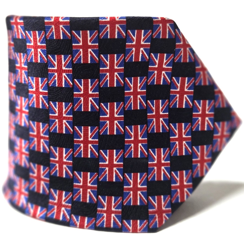 Elegance London Necktie Union Jack Print Flag Overall 100% Silk Blk Red Blu Wht